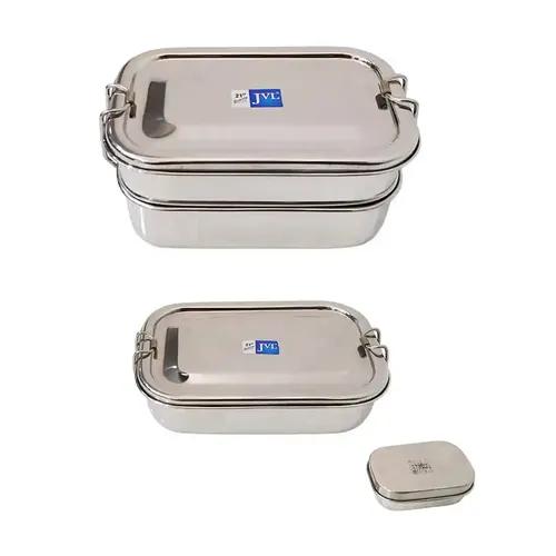 Jvl Stainless Steel Rectangular Single Layer Lunch Box With Small Container & Rectangular Double Layer Lunch Box With Inner Plate Not Leak Proof - Pack Of 2