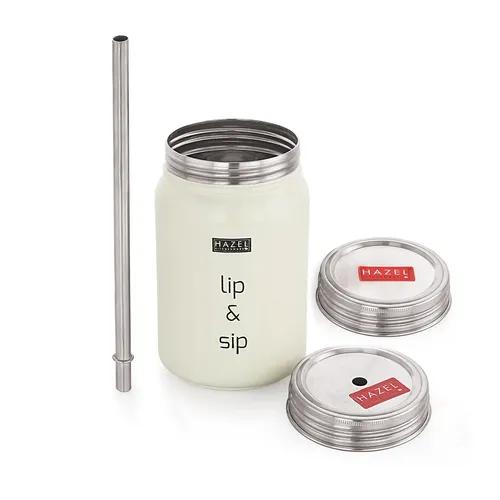 HAZEL Sipper Jar with container | 2 in 1 Steel Jar and Container with 2 Lids and Straw | Stainless steel Jar with Glossy Finish, Cream, 700 ML