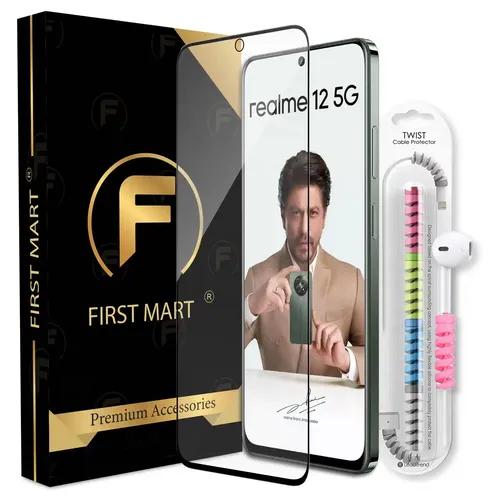 FIRST MART Premium Tempered Glass for Realme 12 5G with Edge to Edge Coverage and Cable Protector and Easy Installation Kit, Pack of 1