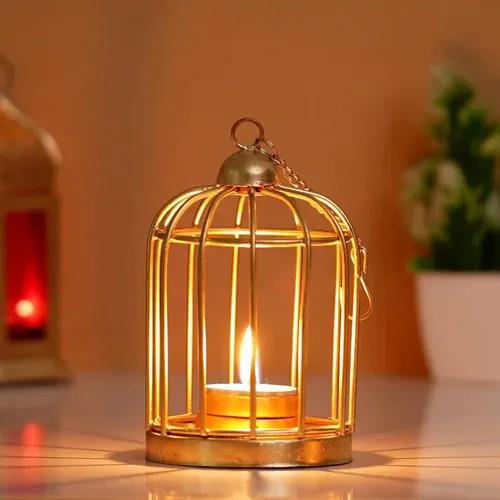 WEBELKART Gold Color Metal Iron Bird Cage Tea Light Holder with Diwali Diya Light Free Tealight Candle Holder for Home| Tealight Holder for Home and Diwali Decoration (4 Inches, Gold)