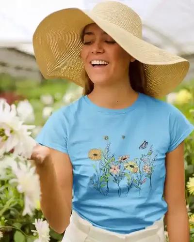 Blooming Beauty Women's Spring T-Shirt | 100% Premium Bio Wash Cotton T-Shirts - S  (Light Blue)