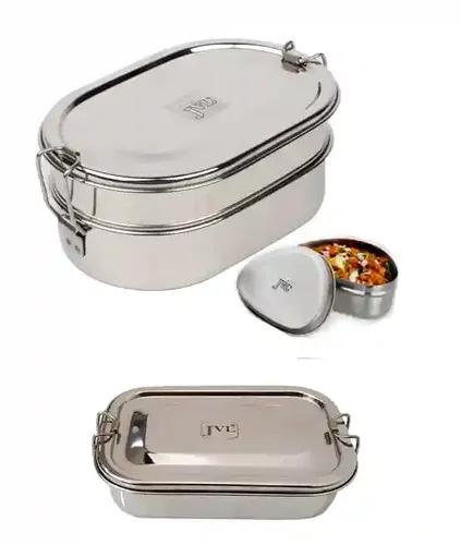 Jvl Stainless Steel Rectangular Single Layer Lunch Box With Inner Plate & Big Capsule Double Layer Lunch Box With Small Container Not Leak Proof - Pack Of 2