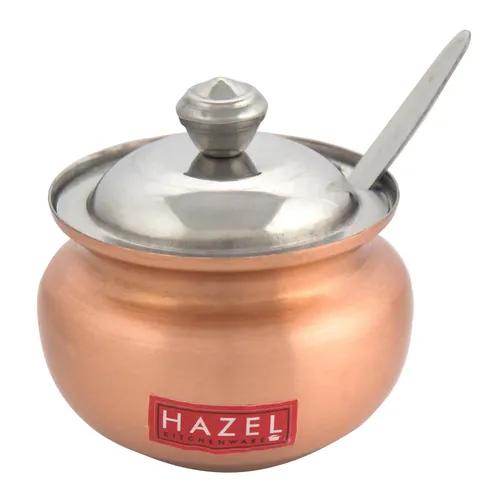 HAZEL Ghee Pot With Spoon | Copper Coated Stainless Steel Ghee Container For Kitchen | Premium Oil Container With Lid For Pooja Items, 150 ML