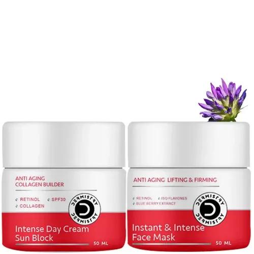 Dermistry Anti Ageing Collagen Builder Spf30 Retinol Hyaluronic Acid Sunblock Day Cream &  Instant & Intense Anti Aging Face Pack Mask And Firming Lifting Tightening Glowing Skin And Lifts Wrinkle Fine Lines & Uneven Tone And Retinol Blueberry Ext Isoflavones And Hydrating Skin Nourishing Age Protect For Men & Women ( Pack Of 2 - 100 Ml )