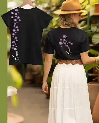 Purple Bloom Women's Double-Sided Floral Tee | 100% Premium Bio Wash Cotton T-Shirts - S  (Black)