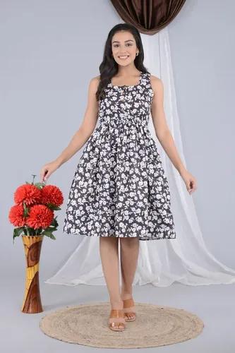 Floral Print Knee Length Square Neck Dress for Women - M