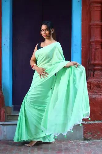 Pure Cotton Plain Saree - Light Green