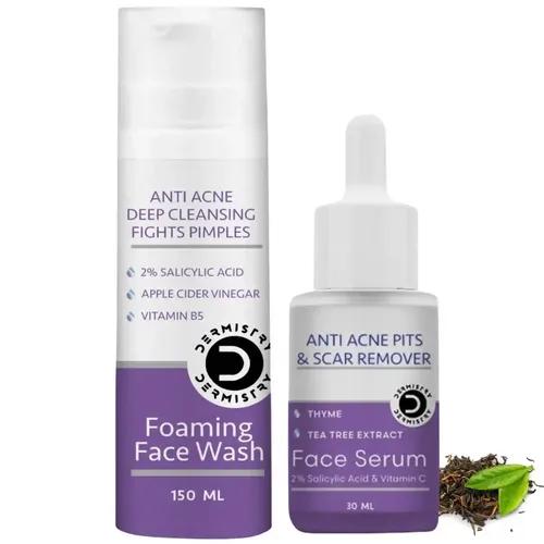 Dermistry Anti Acne Foaming Deep Cleanser Face Wash & Anti Acne Face Serum With  2% Salicylic Acid And Niacinamide And Tea Tree Ext & Vitamin C And Oil Free | Pits Scars Pimples Blemishes Dark Spots Remover And Apple Cider, Vinegar For Men & Women ( Pack Of 2 - 180 Ml )