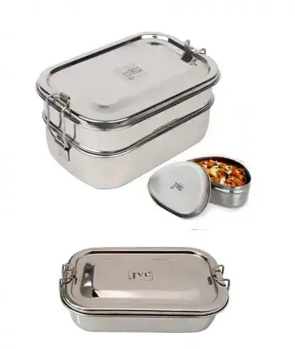 Jvl Stainless Steel Rectangular Single Layer Lunch Box With Inner Plate & Small Rectangular Double Layer With Mini Container - Set Of 3