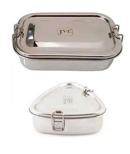 Jvl Stainless Steel Rectangular & Triangle Shape Single Layer Combo Lunch Box With Inner Plate Small - Set Of 2