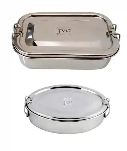 Jvl Stainless Steel Rectangular Single Layer Lunch Box With Inner Plate & Big Oval Lunch Box Not Leak Proof - Pack Of 2