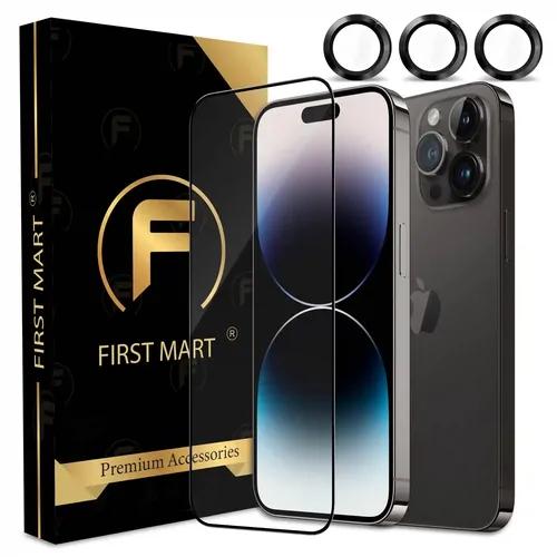 FIRST MART for iPhone 14 Pro Tempered Glass and 1 Set of Individual Black Camera Rings Protectors, 2.5D Curved Edges, Full-Coverage Military-Grade Protection, Scratch Resistant | Black Rings