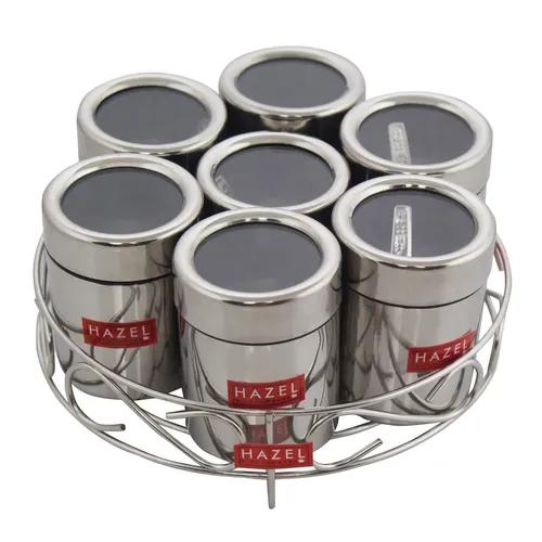 HAZEL Stainless Steel Masala Container | Set of 7 Masala Boxes for Kitchen with 7 Spoons | Small Container for Spices | Airtight Silver Color Box with Glossy Finish