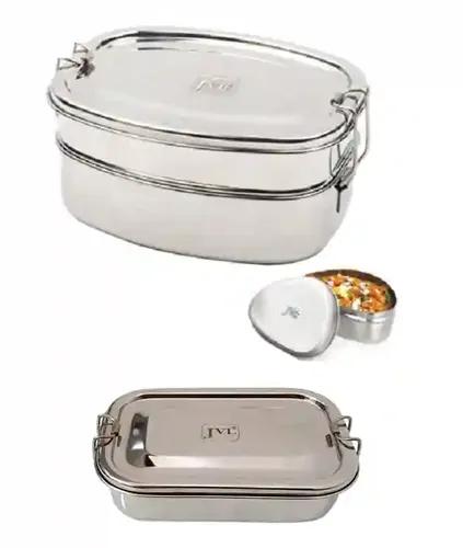 Jvl Stainless Steel Rectangular Single Layer Lunch Box With Inner Plate & Big Deluxe Double Layer Lunch Box With Small Container Not Leak Proof - Pack Of 2