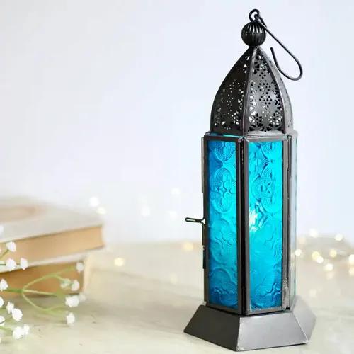 Behoma Moroccan Lantern for Home Decoration Metal Frame with Blue Textured Glass | Metal Showpiece for Home Decor Living Room Table Top Hanging Tea Light Holder | Antique Nickel Black Large