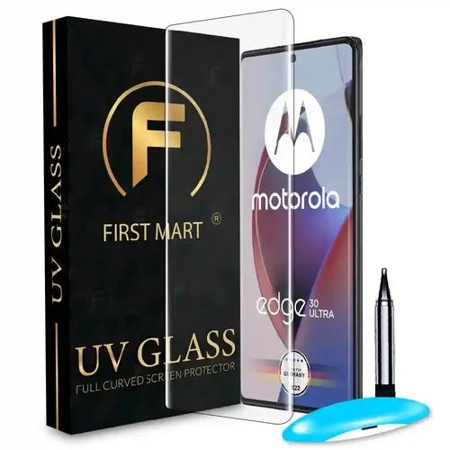 FIRST MART Tempered Glass for Motorola Edge 30 Ultra with Edge to Edge Full Screen Coverage and Easy UV Glue Installation Kit, Pack of 1