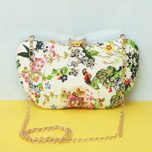 Embroidered Oval Clutch For Women - Multicolor