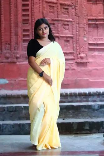 Pure Cotton Plain Saree - Light Yellow