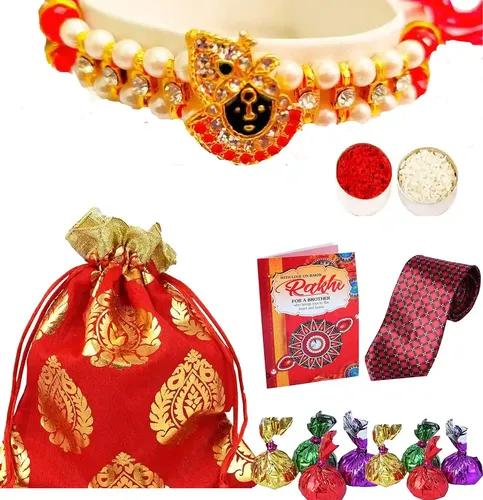 Mantouss Rakhi For Brother With Gift/ Rakhi For Brother With Chocolate-Potli With Chocolates For Rakshabandhan+Lord Krishna Rakhi With Roli Chawal+Men'S Neck Tie+Rakhi Greeting Card