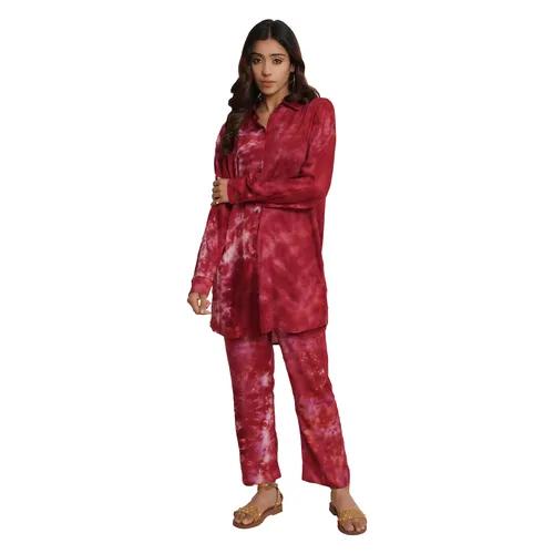 Maroon Tie And Dye Rayon Long Co-Ord Set (Set of 2) - X-Small