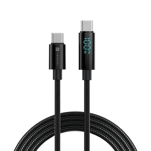 Portronics Konnect View 100W Type C to Type C Cable with LED Display with 5A Max Output, Fast Data Sync, 1.2M Length, Tangle Resistance supports Laptop Charging(Black)