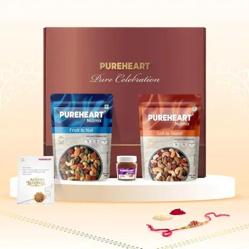 PUREHEART Rakhi Gift Hamper - Natural Fruit & Nut Nutmix, Sweet & Salt Nutmix (80g, each), Choco Almond Spread (100g) Combo with Rakhi for Brother, Card, Pooja Thali (Rice, Kumkum)