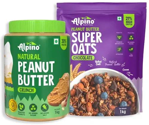 Alpino Health Foods Pre-Workout High Protein & Fiber Diet Super Combo - High Protein Super Oats Chocolate 1kg, Natural Peanut Butter Crunch 1kg