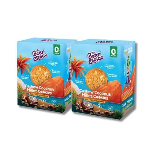 The Bettr Choice Cashew Coconut Millet Cookies - 100% Whole Grain Blend with Natural Butter, Desiccated Coconut, Organic Jaggery, Ginkgo Biloba, No Added Refined Sugar - Healthy Snack - 2 Pack