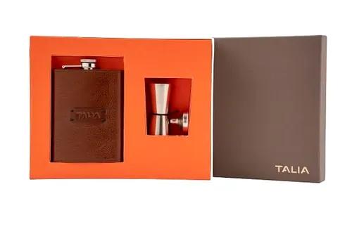 Talia Leather Covered Kidney Hip Flask Gift Set - Tan