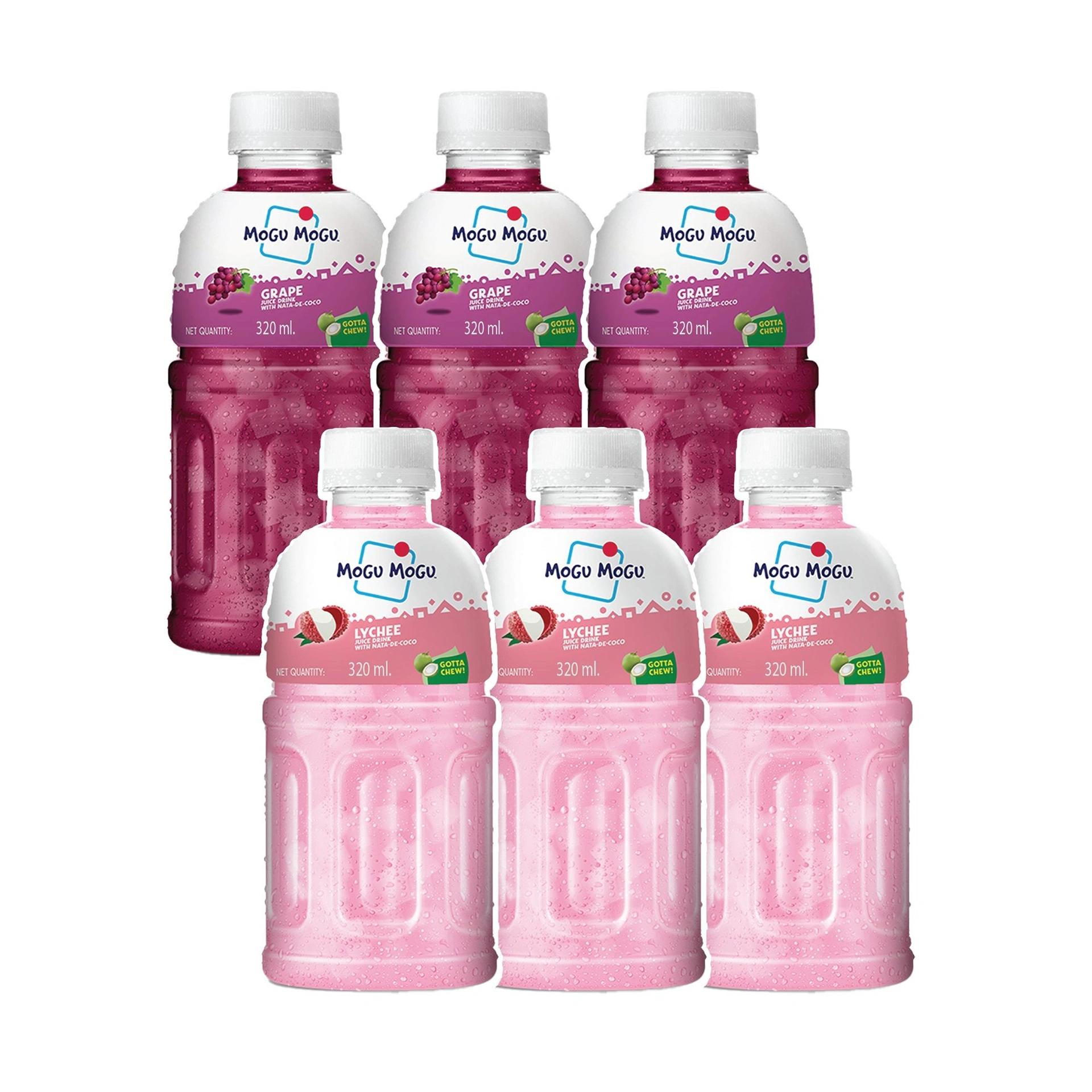 Mogu Mogu Combo Pack of  Lychee & Grapes with 25% NATA De Coco 320ml - (Pack of 6)