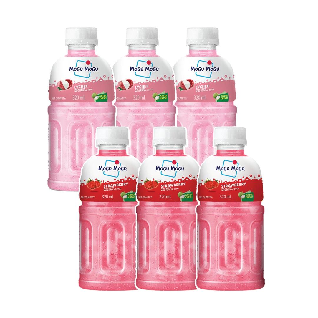 Mogu Mogu Combo Pack of Strawberry & Lychee with 25% NATA De Coco 320ml - (Pack of 6)